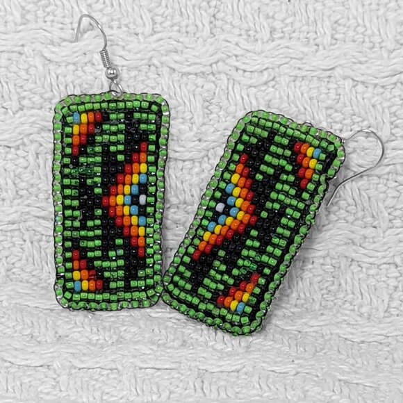 Loom Beaded Green Earrings - Picture 1 of 3